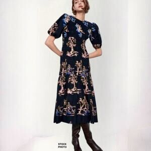 Zara Limited Edition Embroidered Smocked Midi Dress Sz L Black Floral Asian Boho